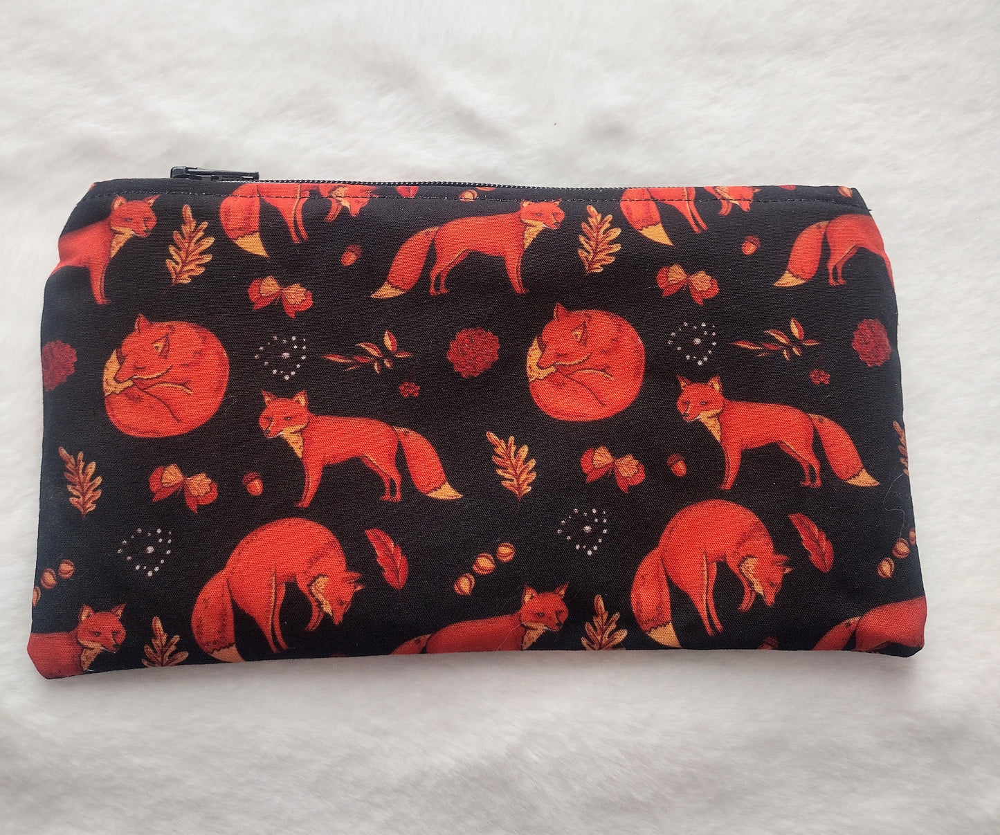 Black Cotton Fox Print Makeup Bag (Medium)