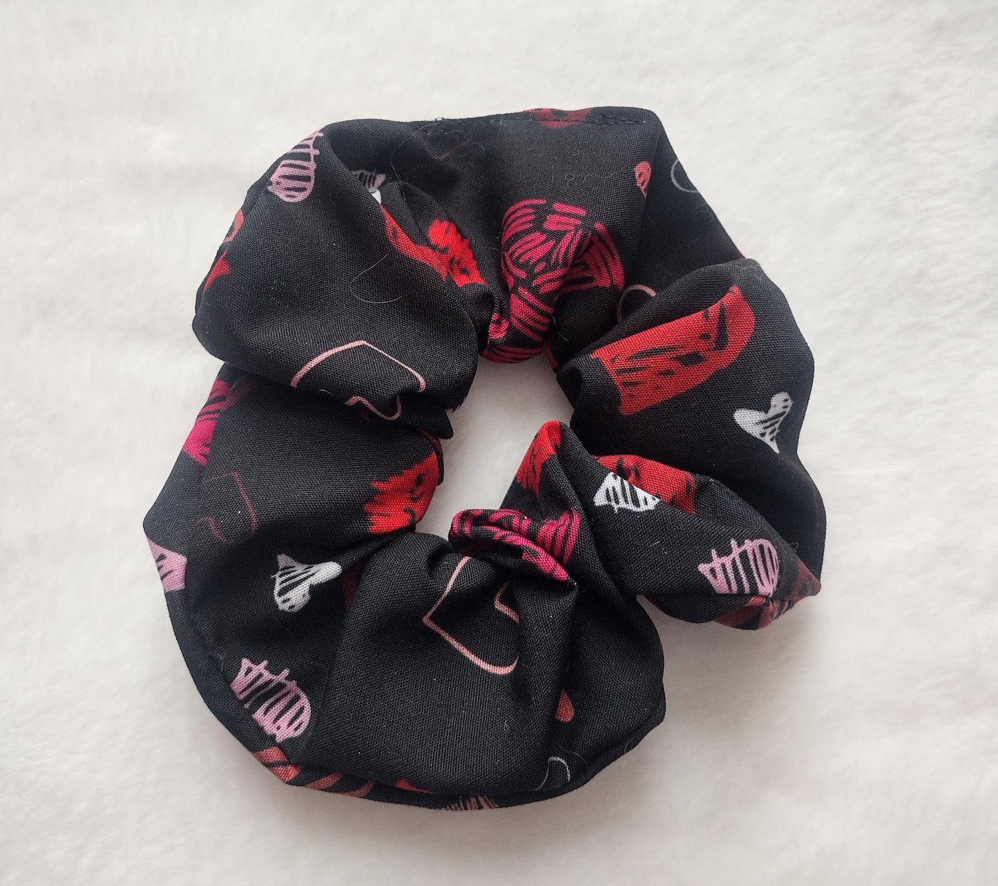 Black Cotton Hearts Hair Scrunchie, Valentine Gift