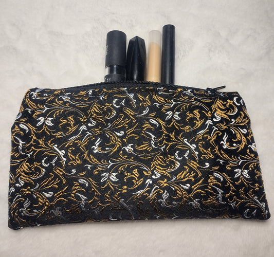 Black, Gold and Silver Brocade Makeup Bag (Large)