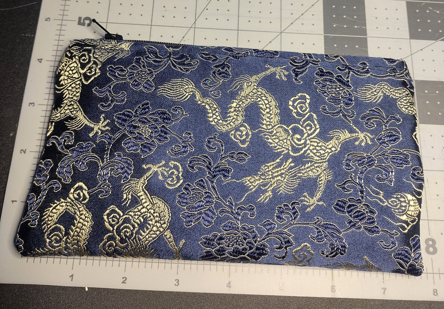 Navy Blue and Gold Dragon Brocade Makeup Bag (Large)