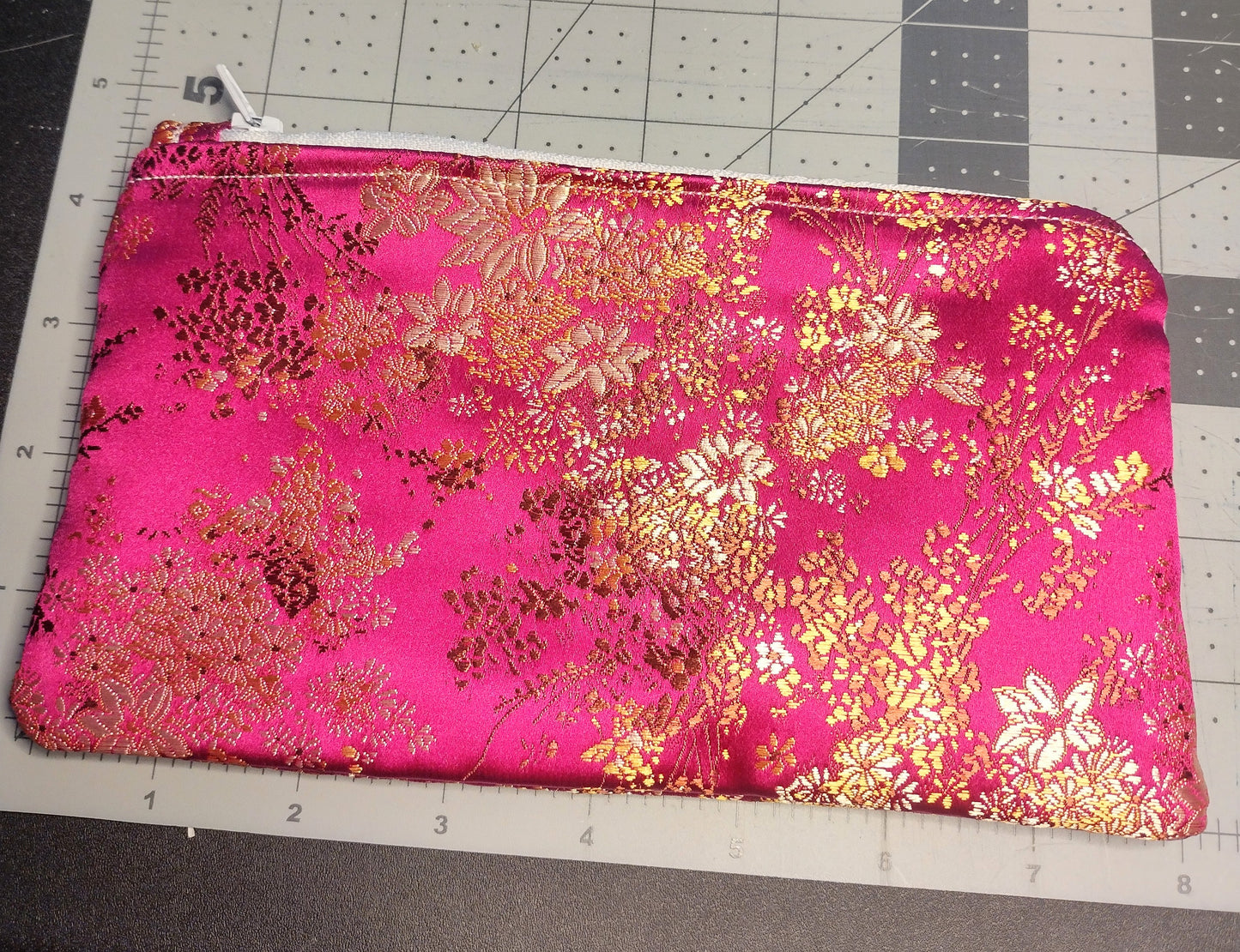 Magenta Pink and Gold Blossom Brocade Makeup Bag (Large)