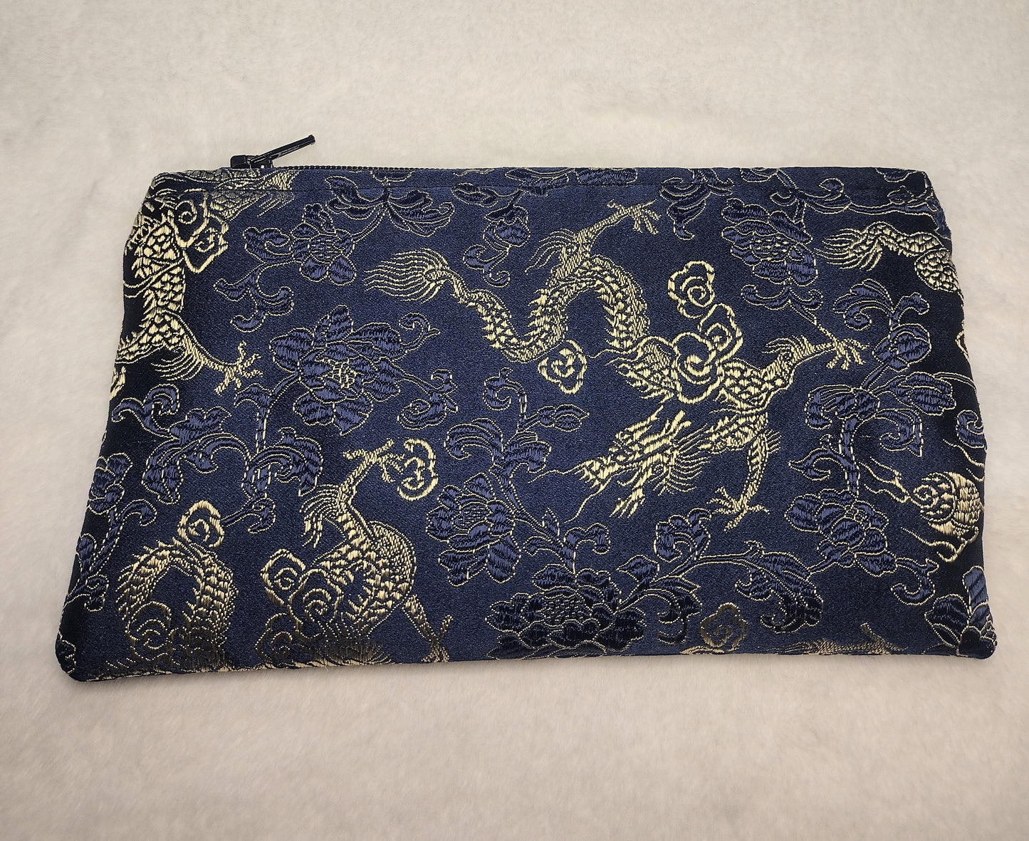 Navy Blue and Gold Dragon Brocade Makeup Bag (Large)