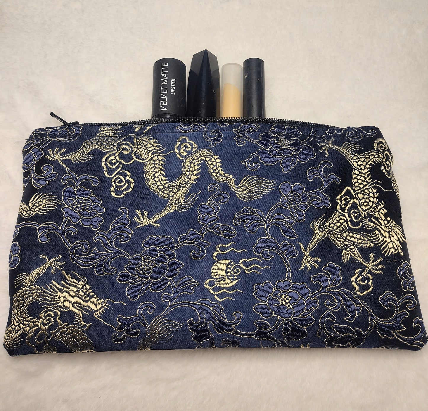 Navy Blue and Gold Dragon Brocade Makeup Bag (Large)