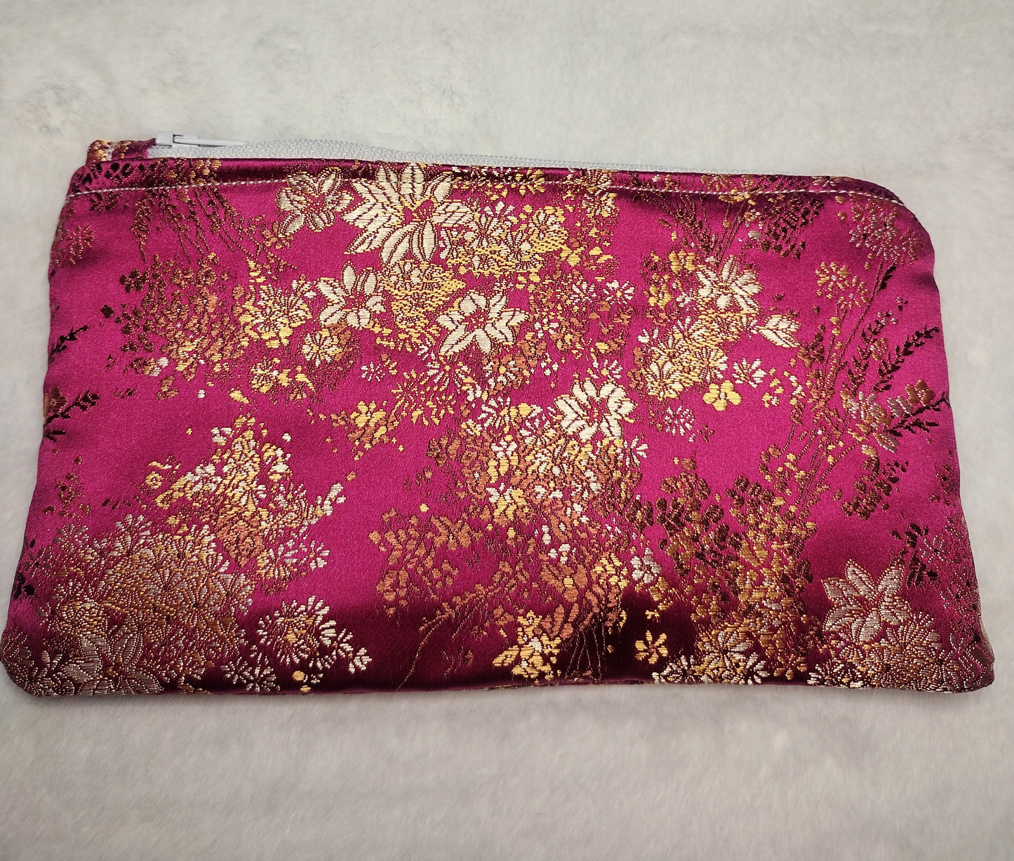 Magenta Pink and Gold Blossom Brocade Makeup Bag (Large)