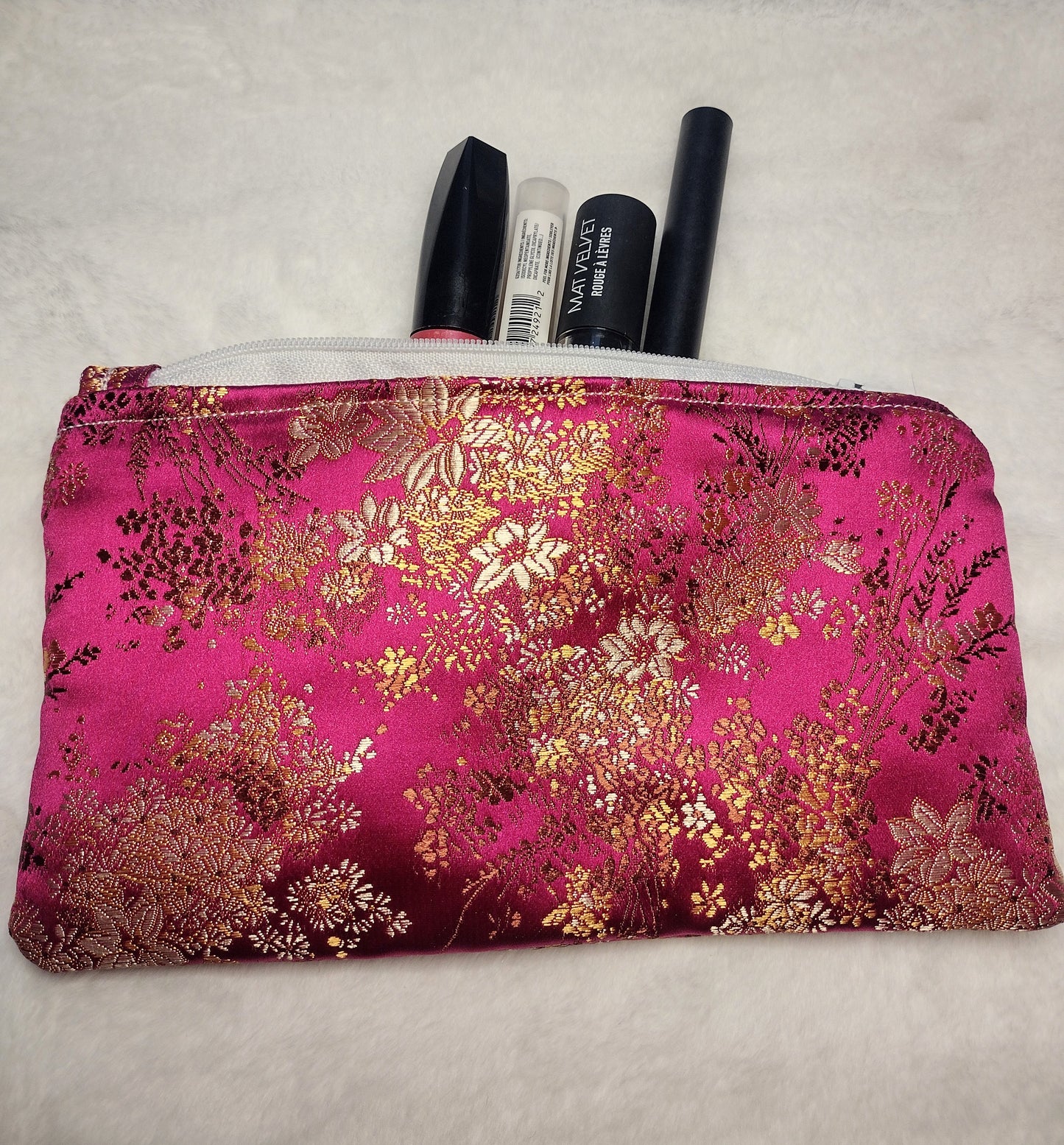 Magenta Pink and Gold Blossom Brocade Makeup Bag (Large)