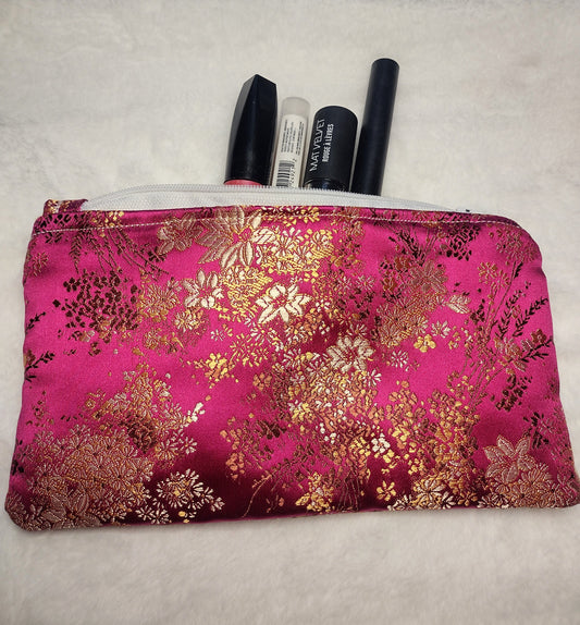 Magenta Pink and Gold Blossom Brocade Makeup Bag (Large)