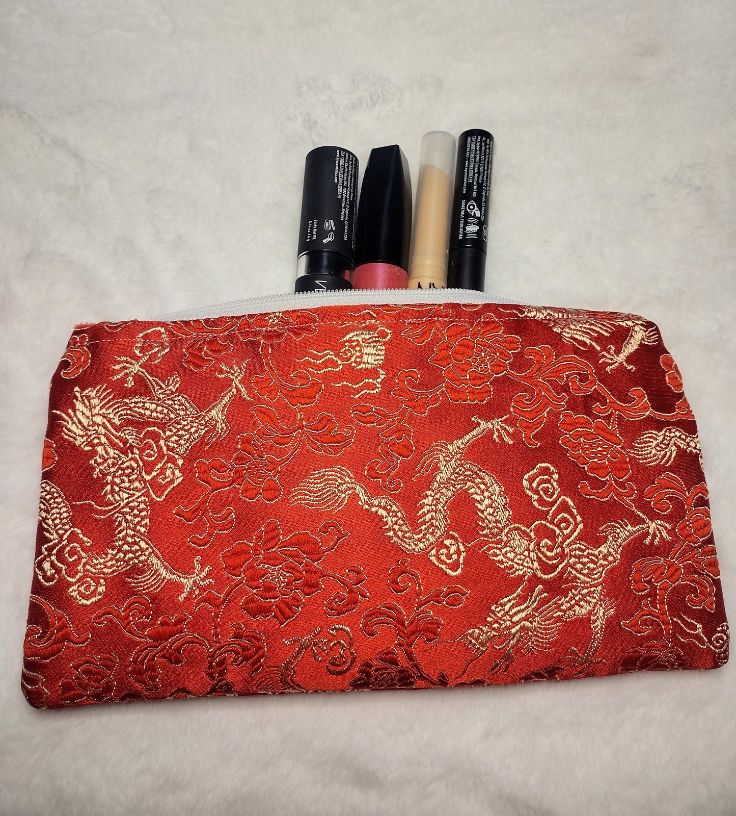 Red and Gold Dragon Brocade Makeup Bag (Large)