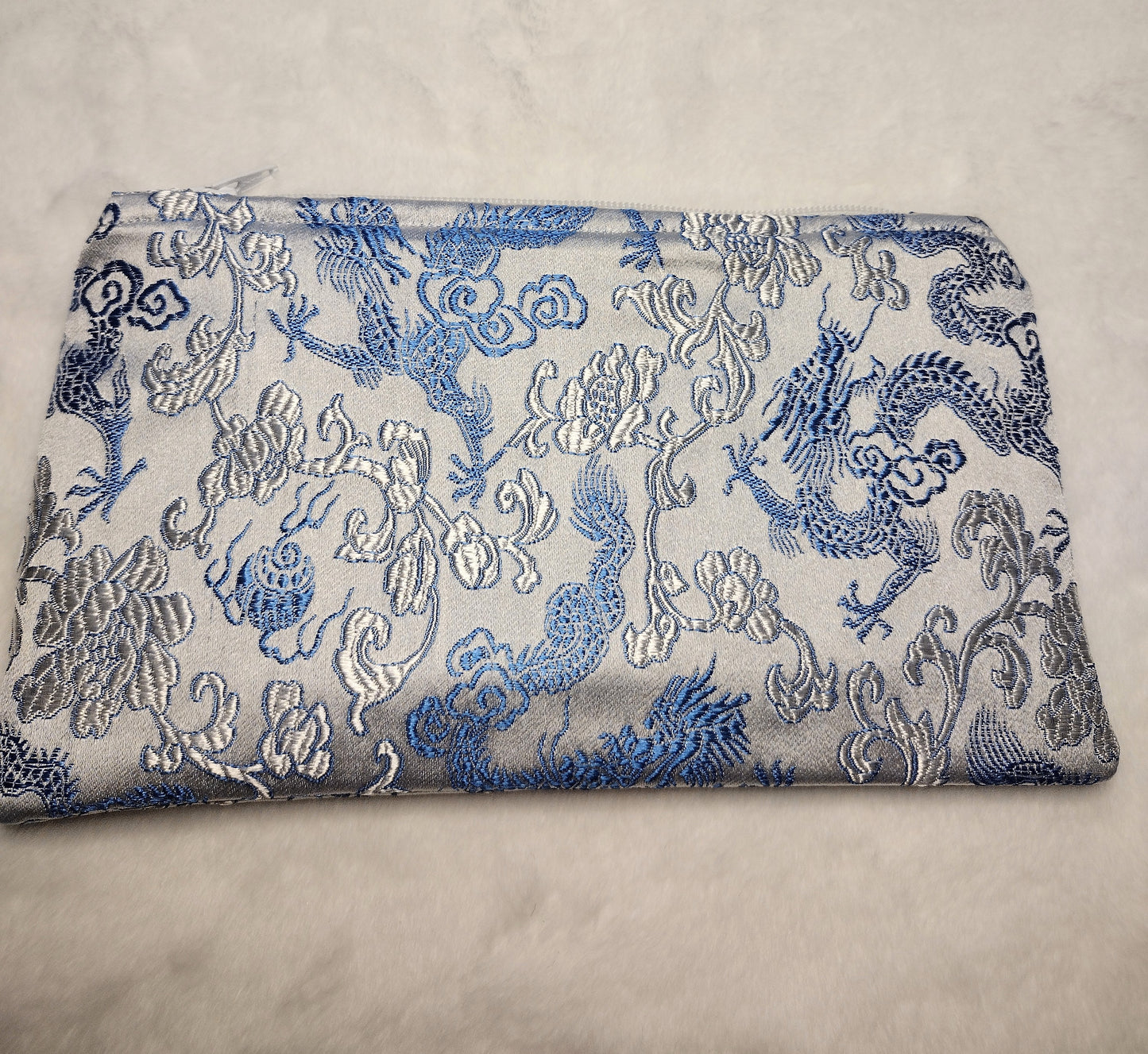 Silver and Light Blue Dragon Brocade Makeup Bag (Large)