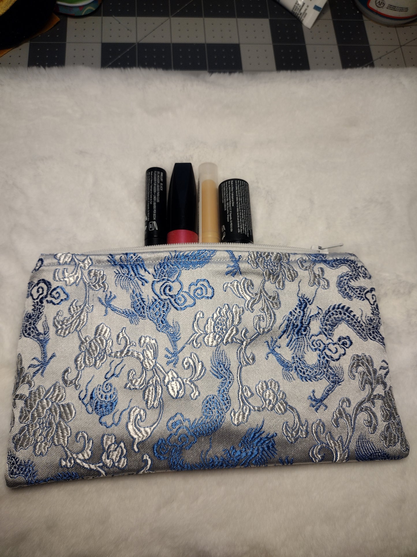 Silver and Light Blue Dragon Brocade Makeup Bag (Large)