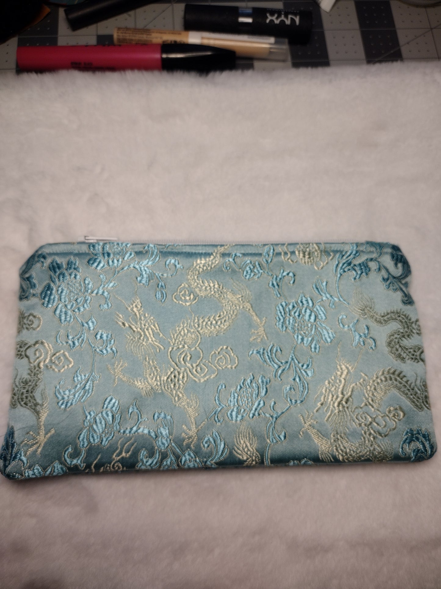 Aqua Blue and Gold Dragon Brocade Makeup Bag (Large)