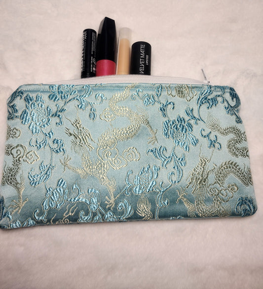 Aqua Blue and Gold Dragon Brocade Makeup Bag (Large)