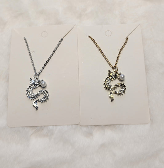 Rhinestone Dragon Charm Silver or Gold Stainless Steel Necklace, Perfect Gift