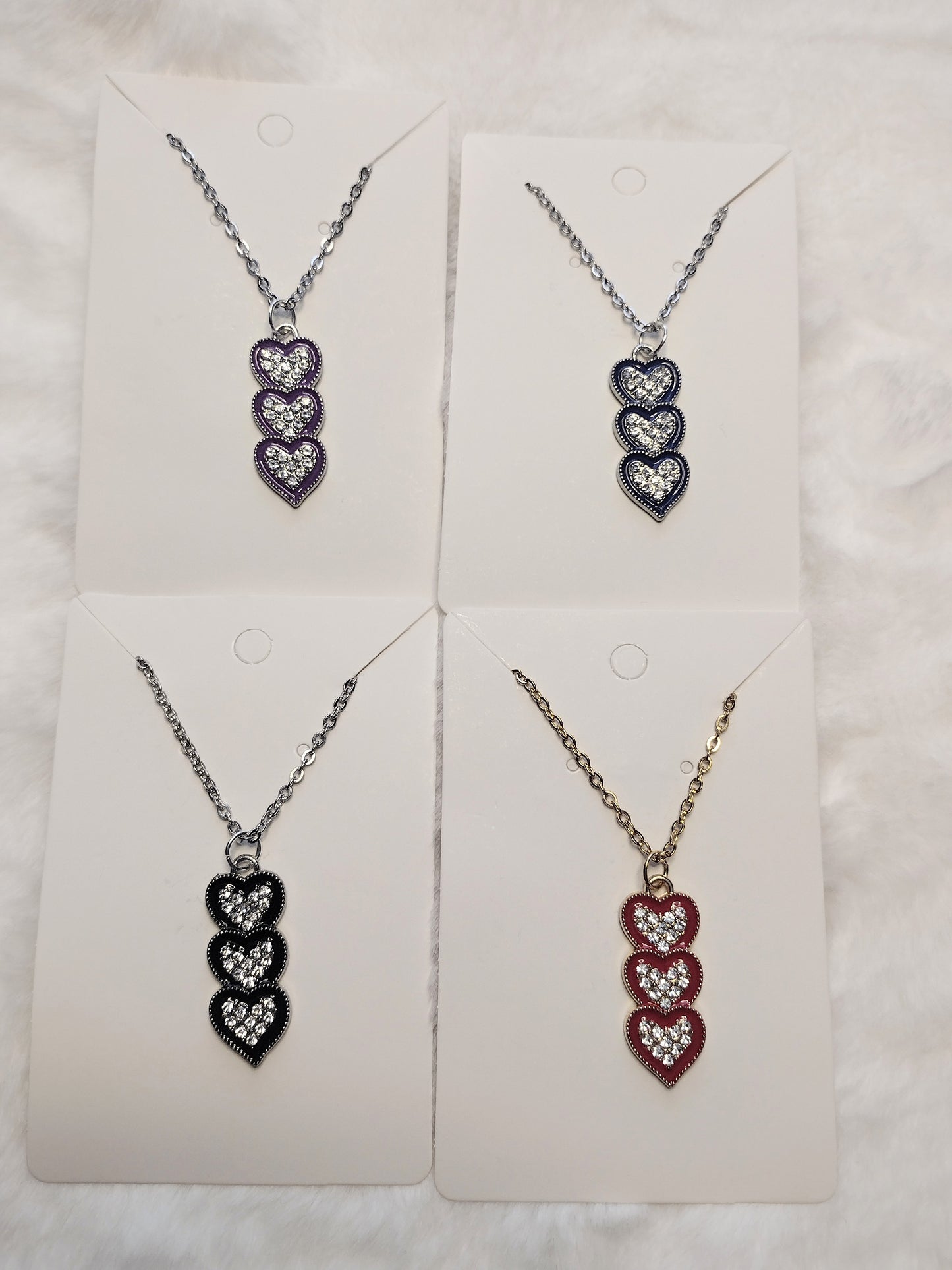 Rhinestone Triple Heart Charm 4 Colors, Silver or Gold Stainless Steel Necklace, Perfect Gift