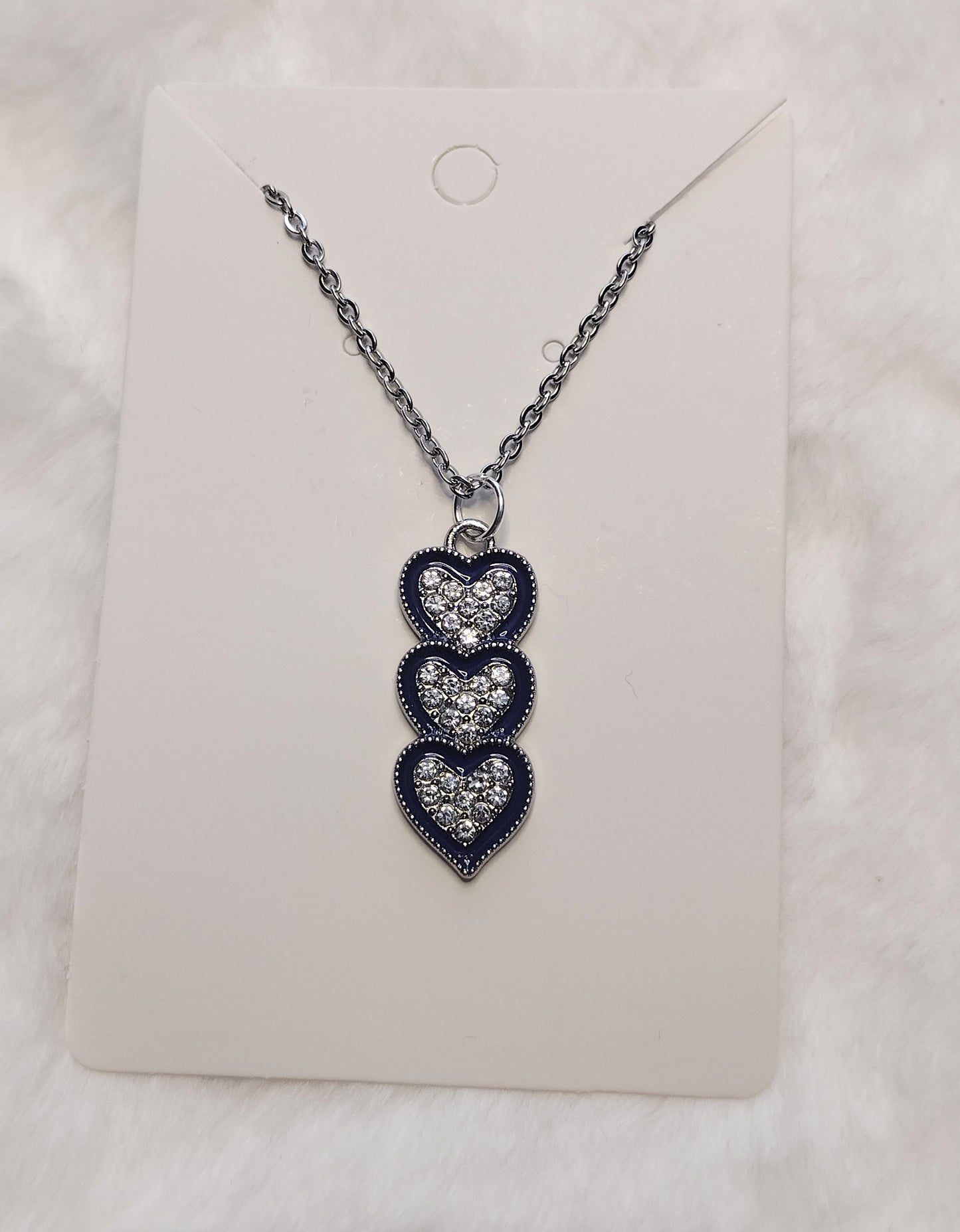 Rhinestone Triple Heart Charm 4 Colors, Silver or Gold Stainless Steel Necklace, Perfect Gift