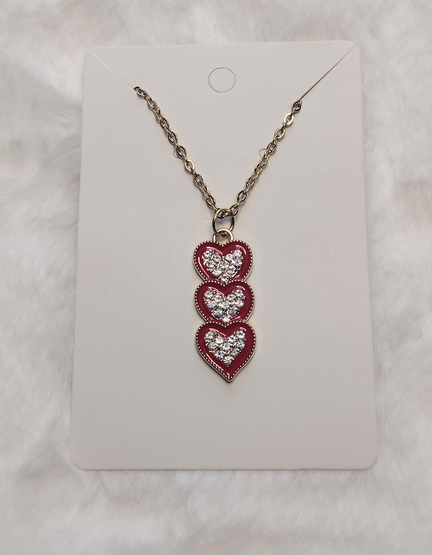 Rhinestone Triple Heart Charm 4 Colors, Silver or Gold Stainless Steel Necklace, Perfect Gift