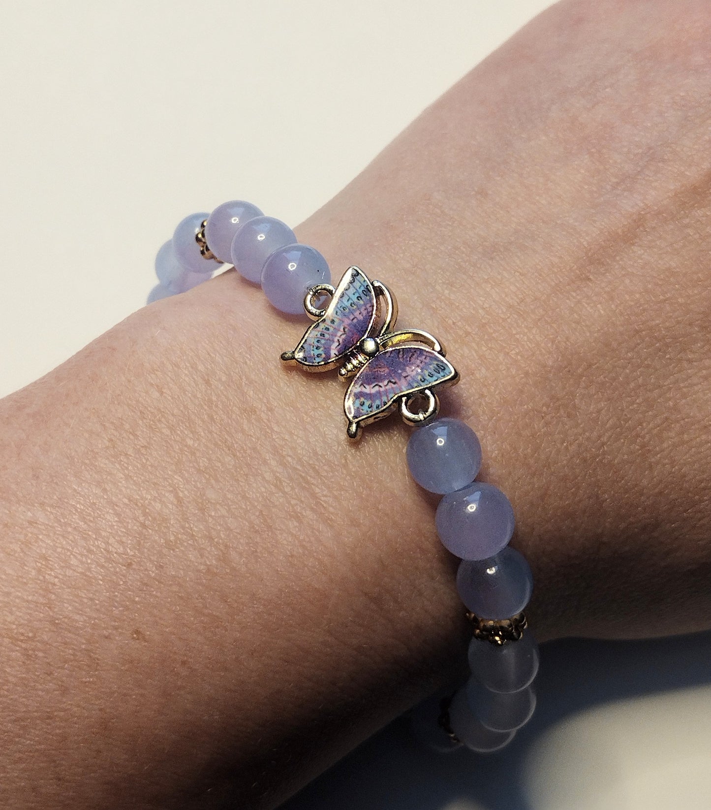 Purple and Blue Glass Bead Butterfly Charm Bracelet, Spring Jewelry