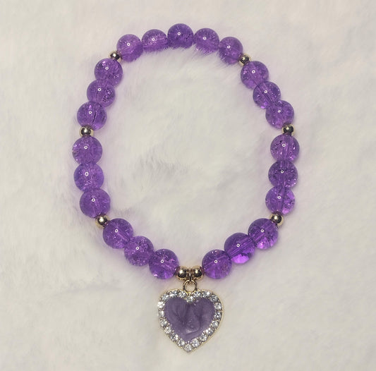 Purple Glass Bead Heart Charm Bracelet, Valentine Gift