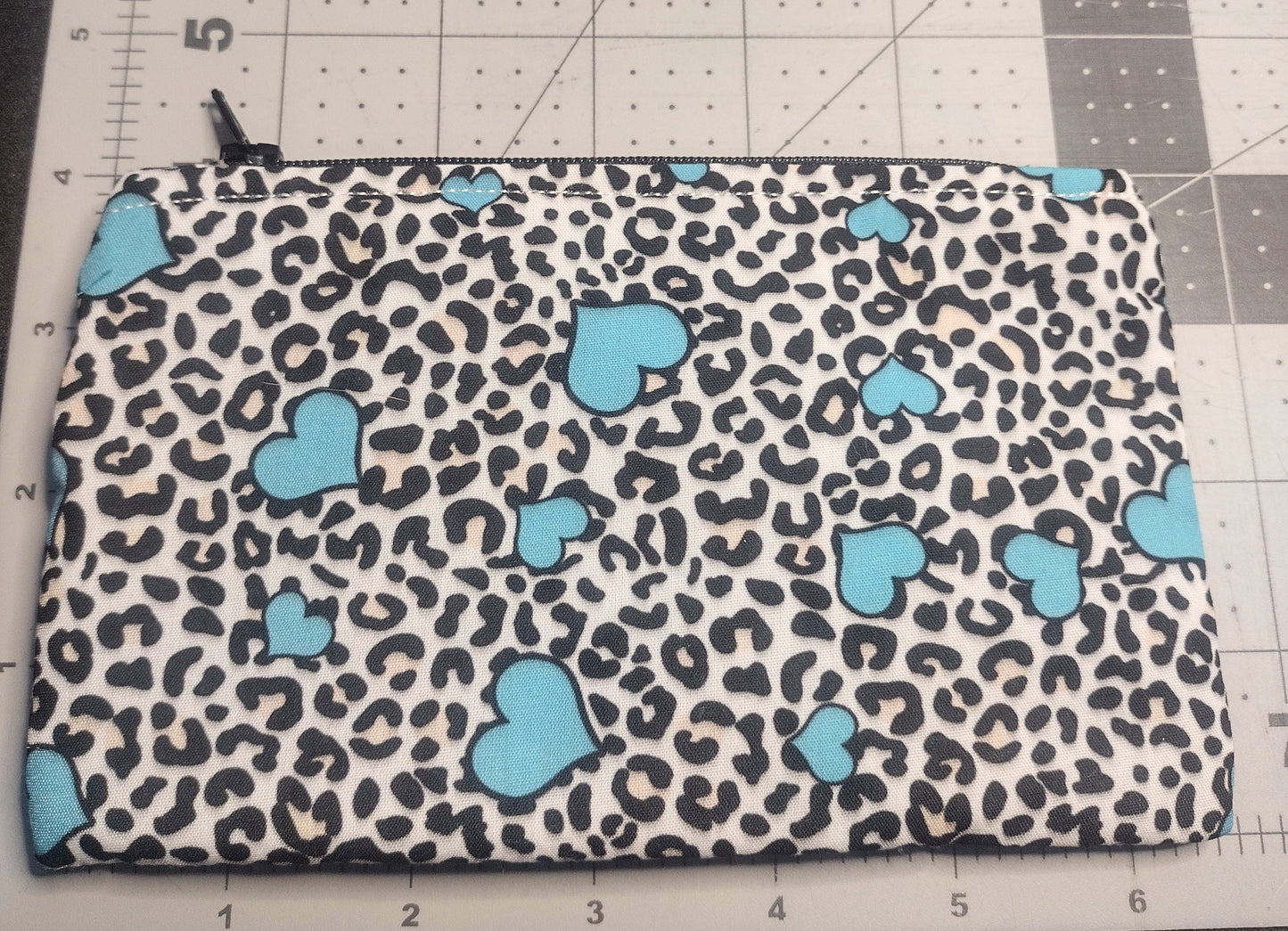 White Leopard and Teal Heart Print Makeup Bag (Medium)