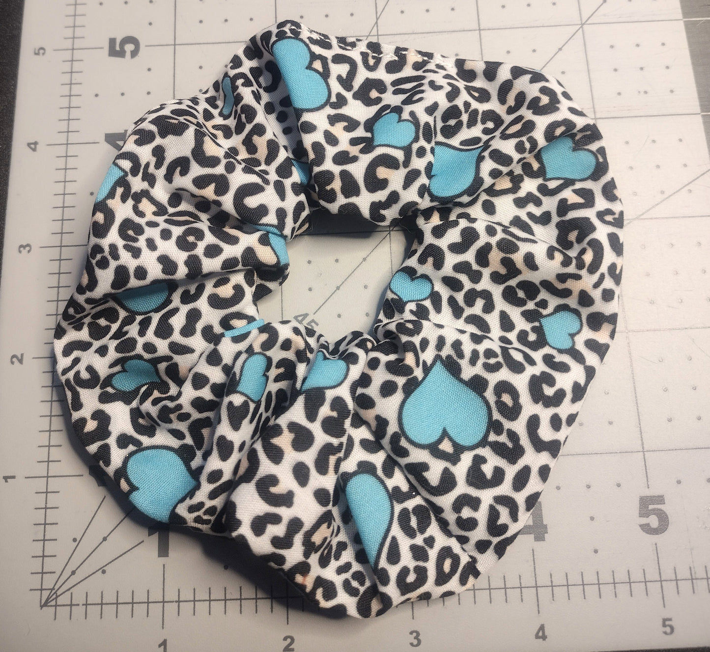 White and Teal Heart Leopard Print Hair Scrunchie