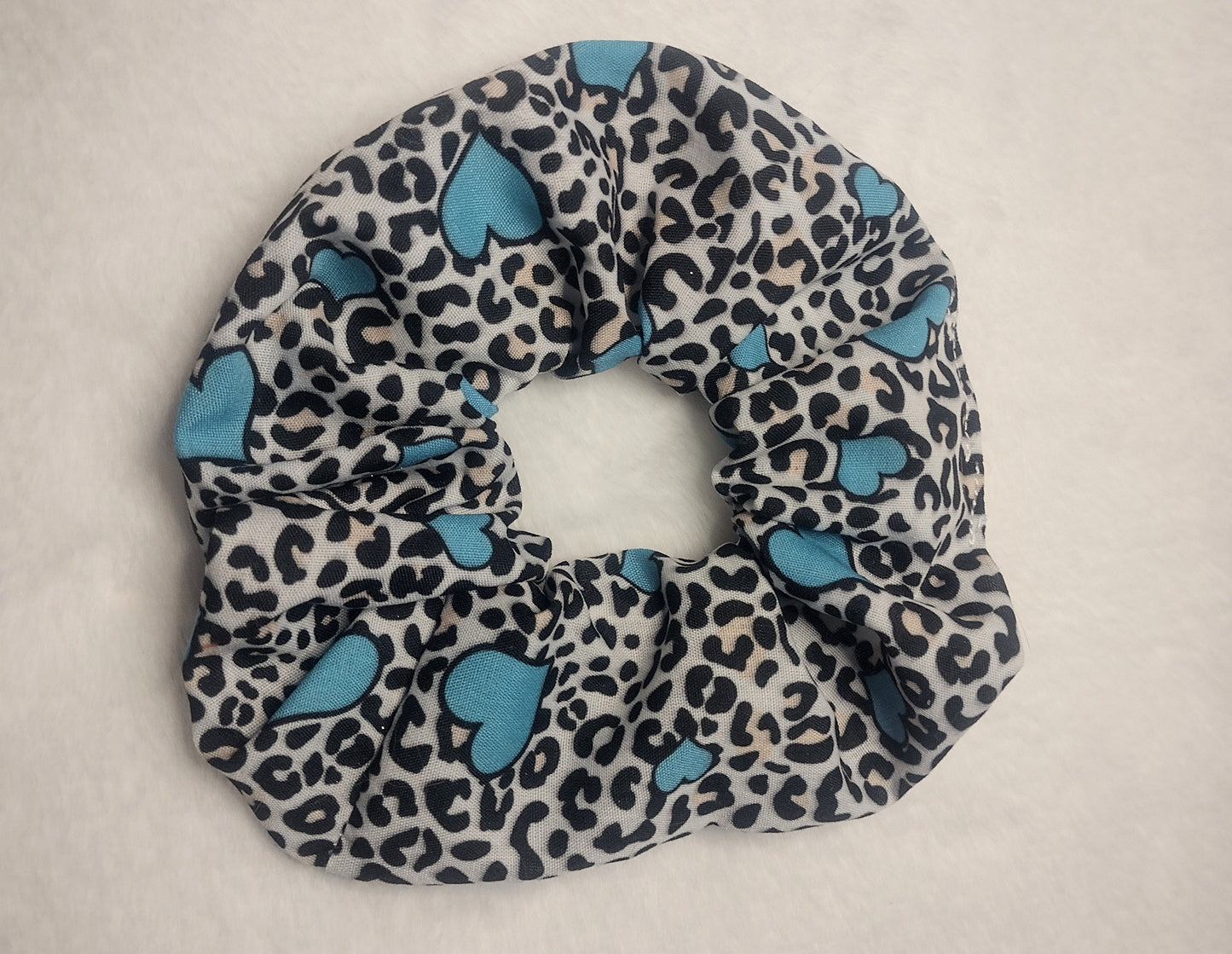 White and Teal Heart Leopard Print Hair Scrunchie