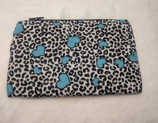 White Leopard and Teal Heart Print Makeup Bag (Medium)