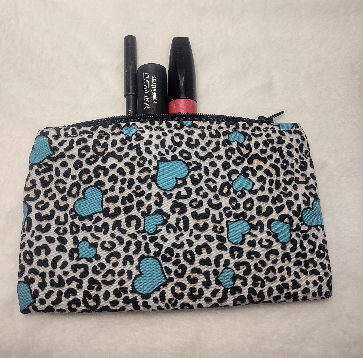 White Leopard and Teal Heart Print Makeup Bag (Medium)