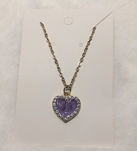 Purple Rhinestone Heart Charm Gold Stainless Steel Necklace, Valentine Gift