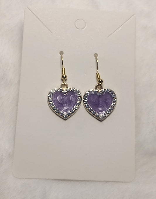 Purple Rhinestone Heart Charm Earrings, Gold Stainless Steel, Valentine Gift