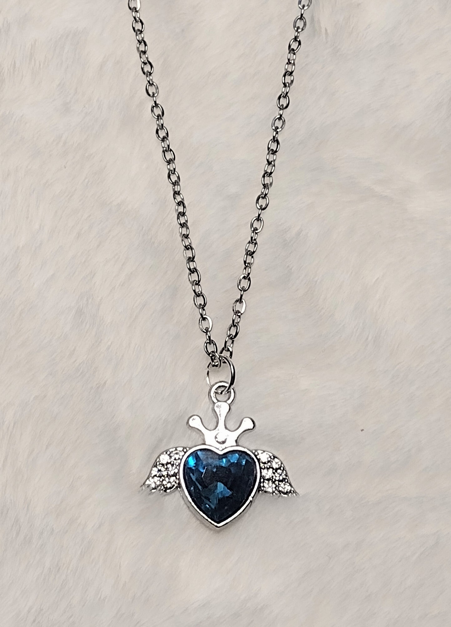 Teal Rhinestone Heart Charm Silver Stainless Steel Necklace, Valentine Gift