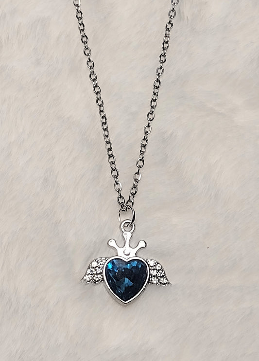 Teal Rhinestone Heart Charm Silver Stainless Steel Necklace, Valentine Gift