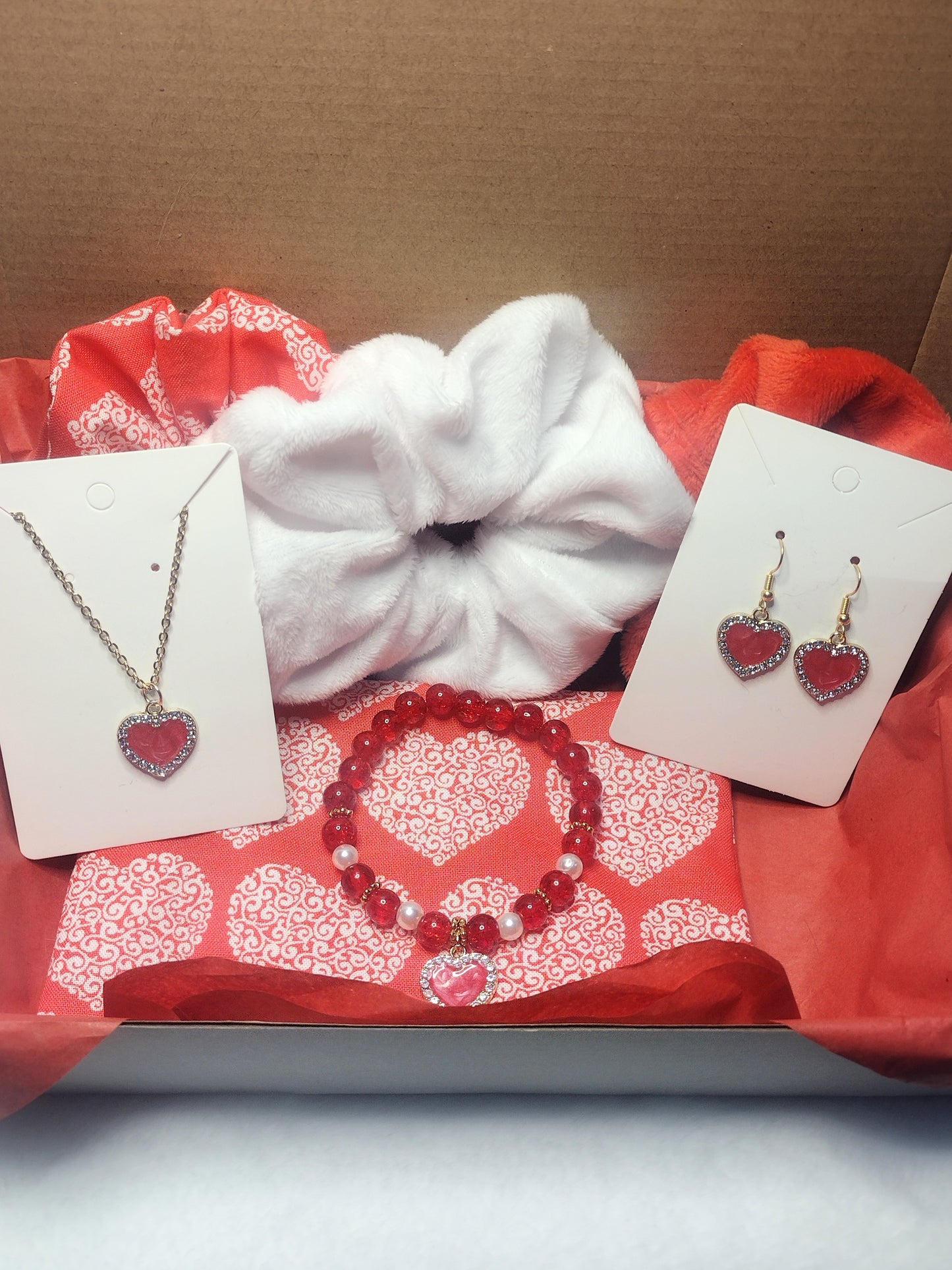 Red Heart Scrolls Valentine Gift Box, Hair Scrunchies, Makeup Bag and Jewelry Set