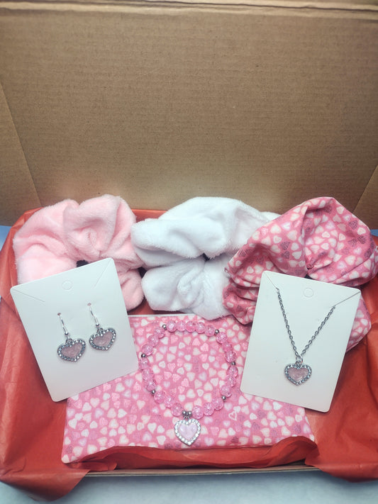 Pink Hearts Valentine Gift Box, Hair Scrunchies, Makeup Bag and Jewelry Set