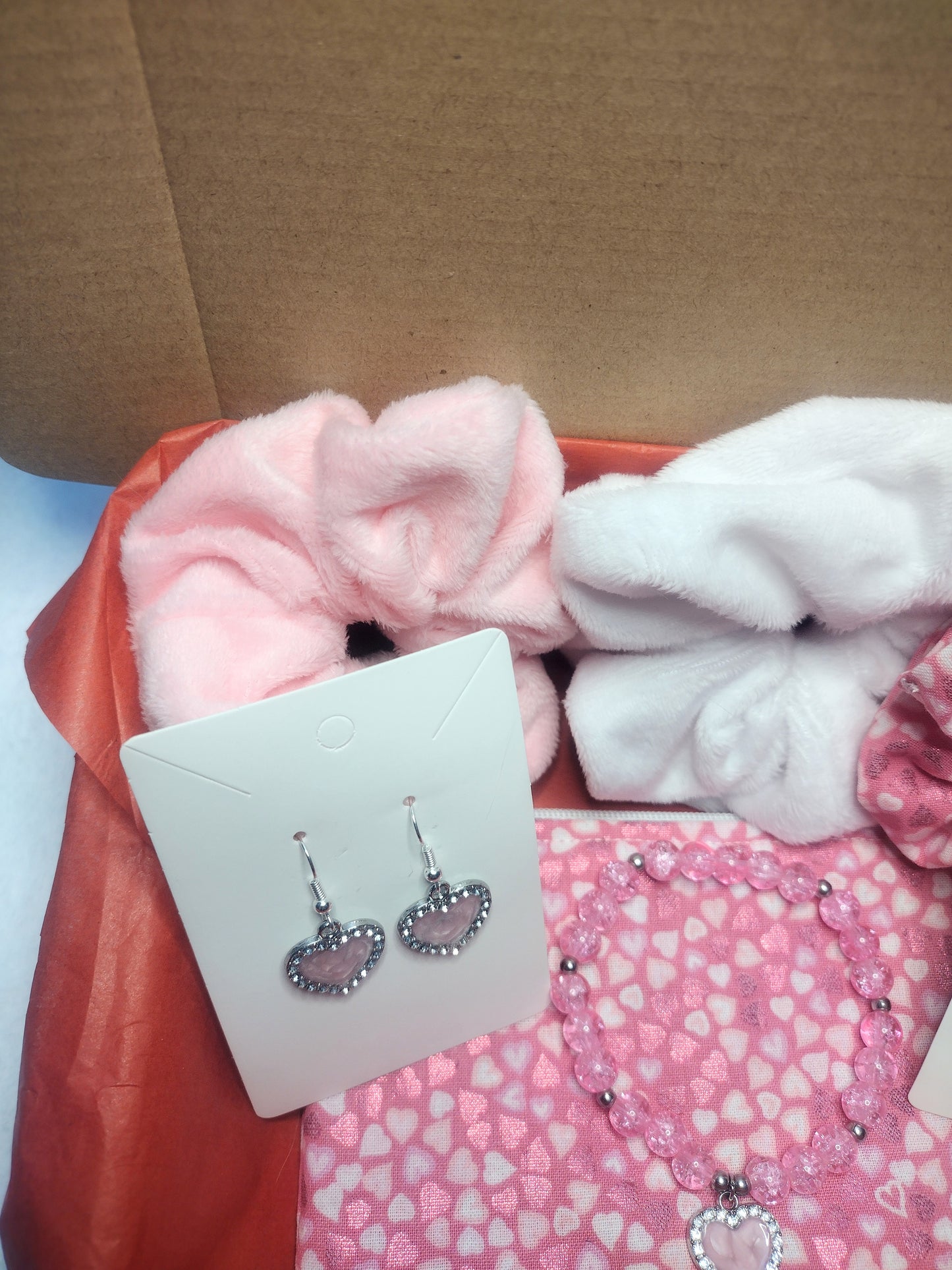 Pink Hearts Valentine Gift Box, Hair Scrunchies, Makeup Bag and Jewelry Set