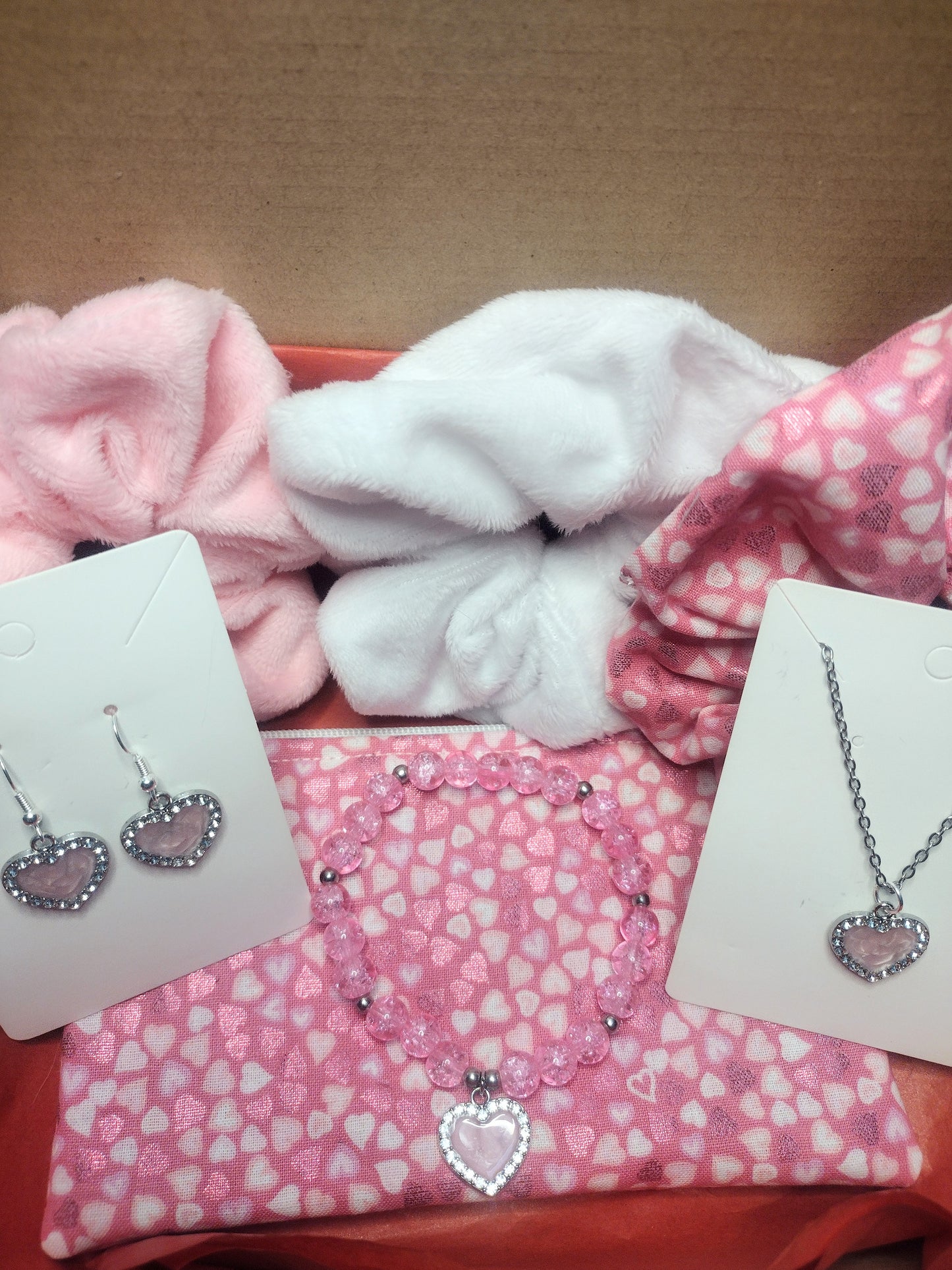 Pink Hearts Valentine Gift Box, Hair Scrunchies, Makeup Bag and Jewelry Set