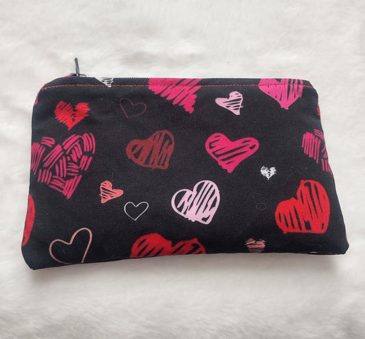 Black Cotton Heart  Print Makeup Bag (Medium)