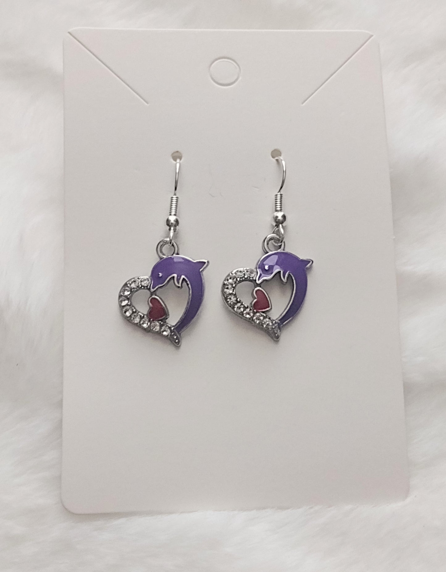 Purple Rhinestone Dolphin Charm Earrings, Silver Stainless Steel, Valentine Gift