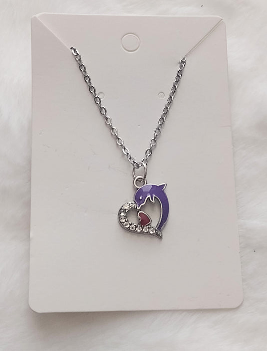 Purple Rhinestone Dolphin Heart Charm Silver Stainless Steel Necklace, Valentine Gift