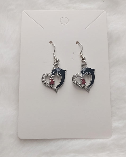 Black Rhinestone Dolphin Charm Earrings, Silver Stainless Steel, Valentine Gift