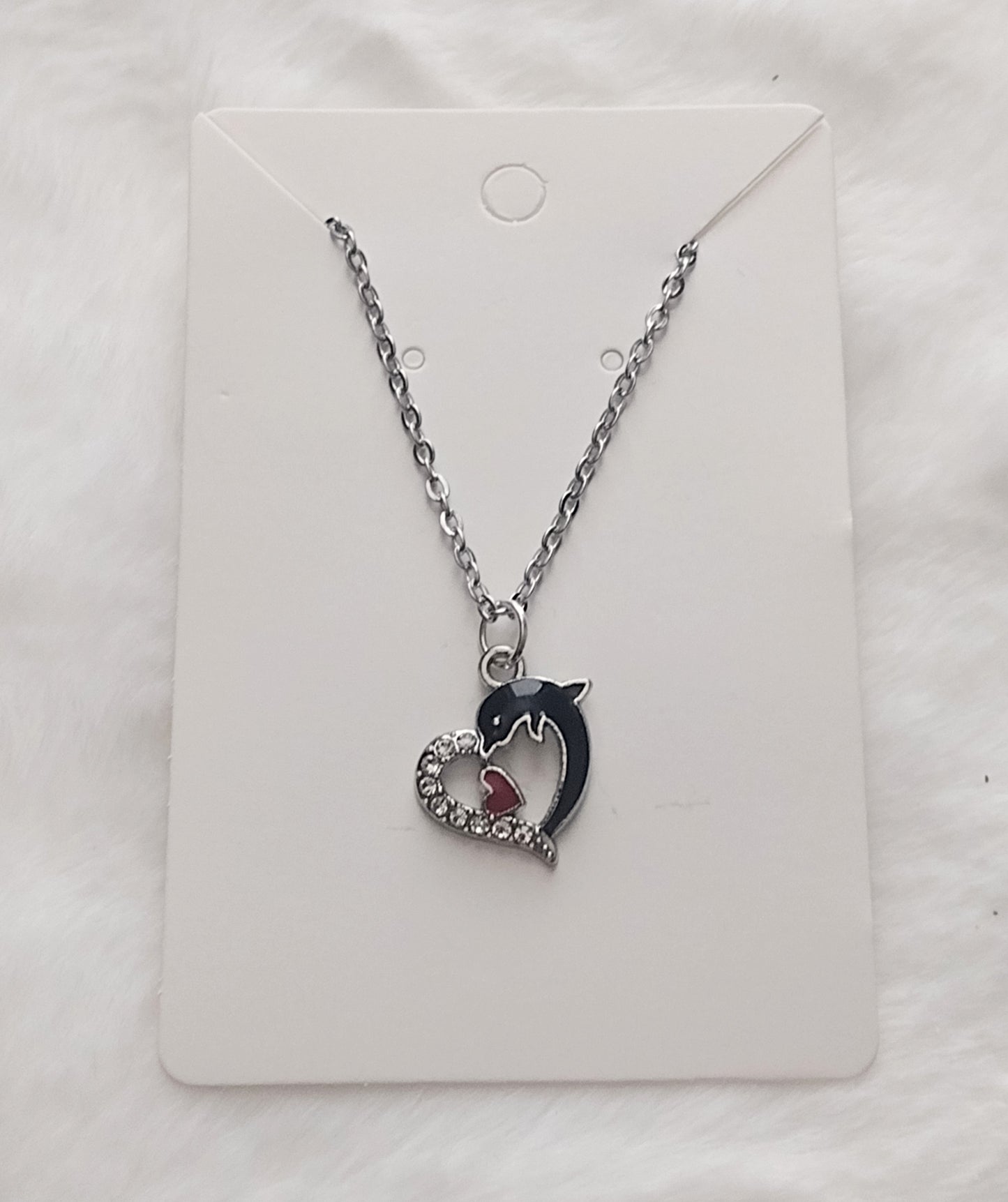 Black Rhinestone Dolphin Heart Charm Silver Stainless Steel Necklace, Valentine Gift