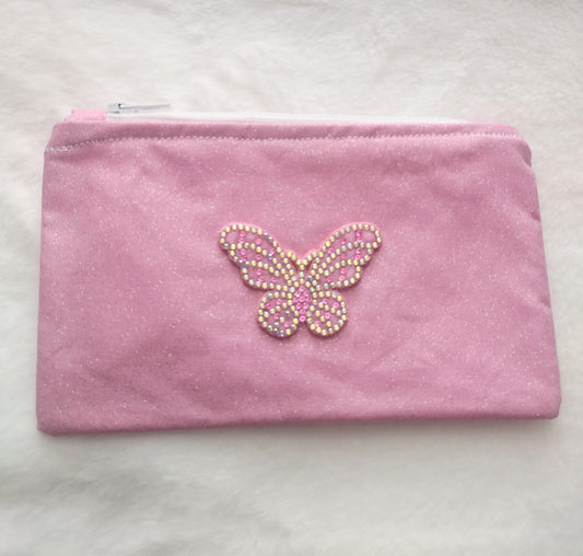 Pink Glitter Butterfly Applique Makeup Bag (Medium)